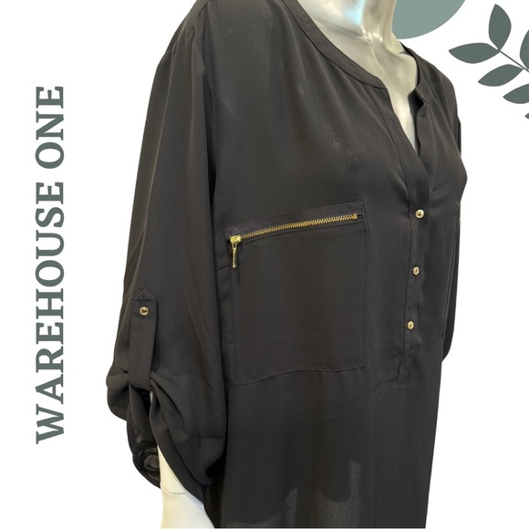 🛍️ 3/$40 WAREHOUSE ONE | Black Gold-Zip Tunic Blouse | Plus Size XXXL - Picture 2 of 5